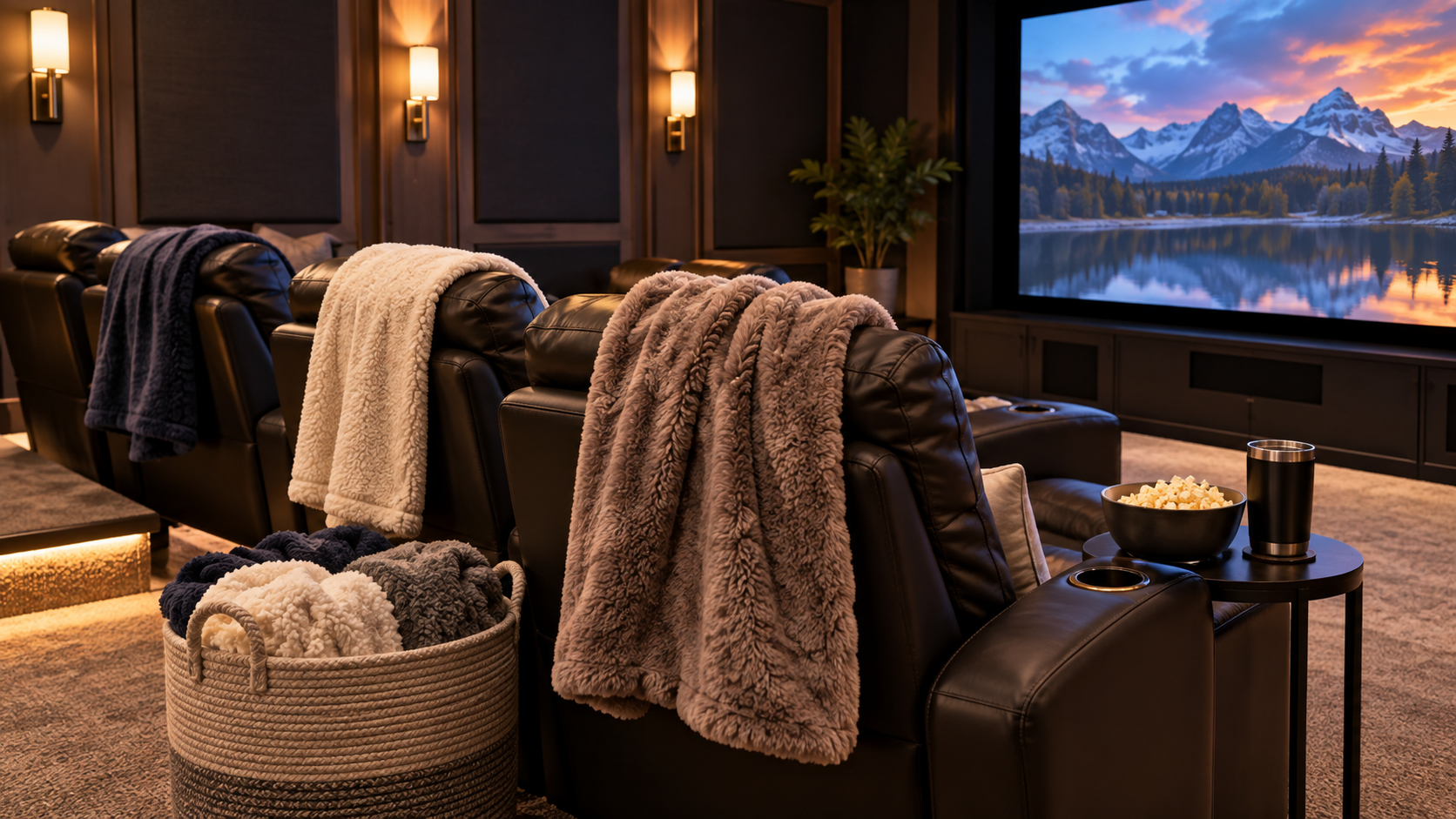 Warm home theater with black leather recliners facing the screen, plush blankets draped over the seats, a woven basket filled with extra throws, and popcorn ready for movie night.