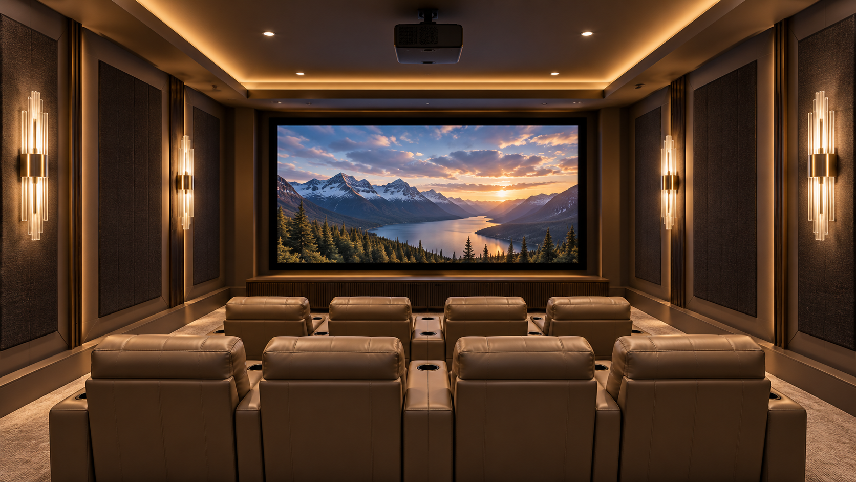 Luxury home theater with brown leather recliners facing a large movie screen, tall gold-and-glass wall sconces on the side walls, dark acoustic panels, and warm ambient ceiling lighting.