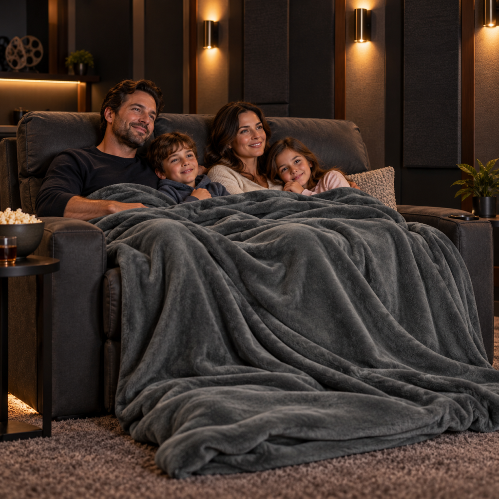 Family relaxing on a theater-style loveseat under a large gray plush blanket in a warm home theater with wall sconces and acoustic panels.