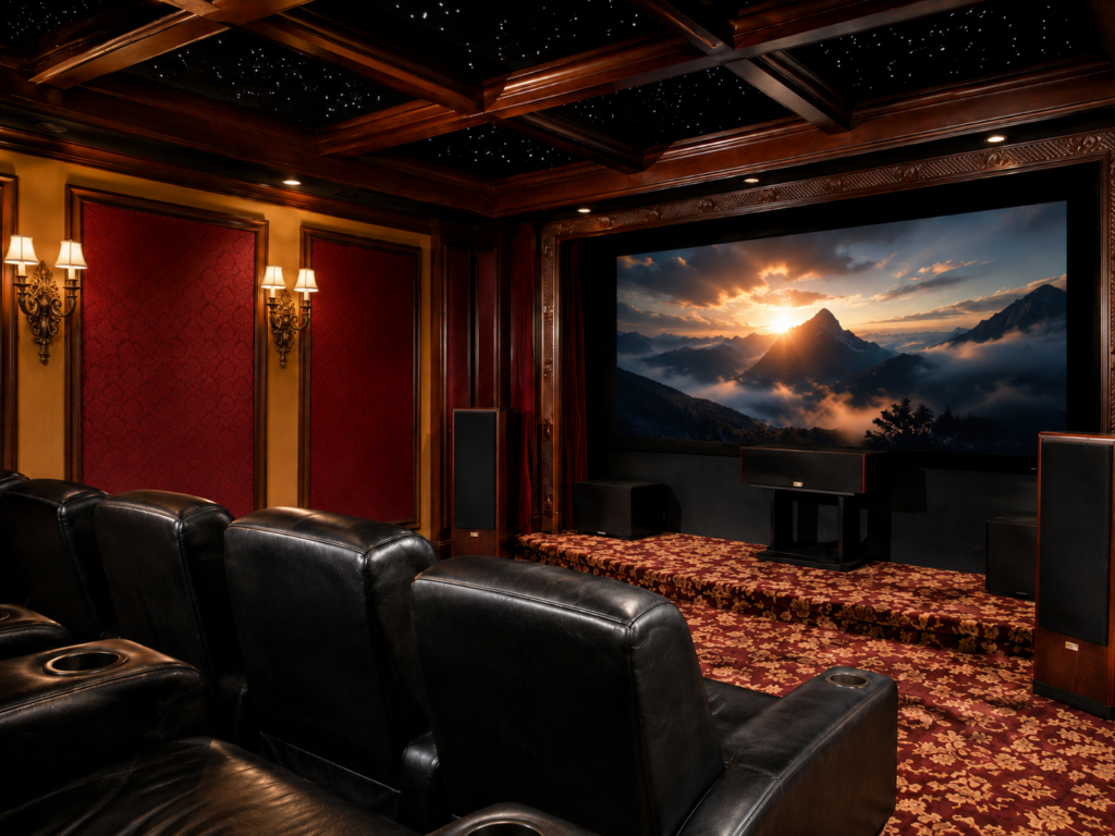 Elegant garage home theater with black leather recliners, red wall panels, wood ceiling beams, a star ceiling, large projection screen, and surround speakers.