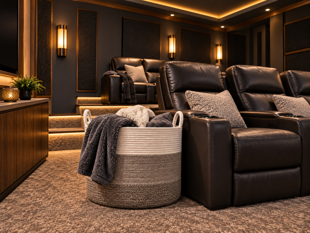 Large woven blanket basket filled with soft throws beside black leather recliners in a warm home theater with wall sconces and acoustic panels.