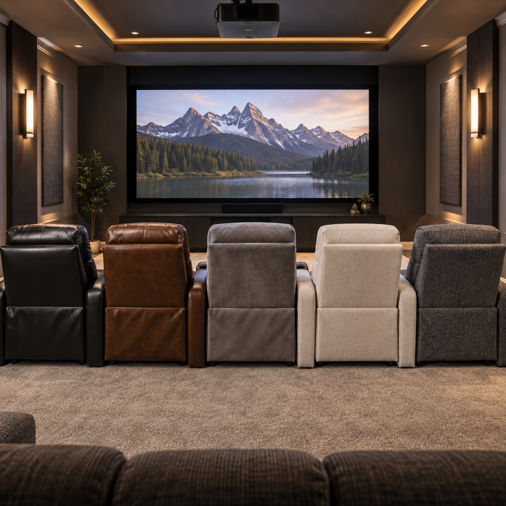 Row of home theater recliners in black leather, brown leather, gray microfiber, cream fabric, and charcoal fabric facing a large movie screen.