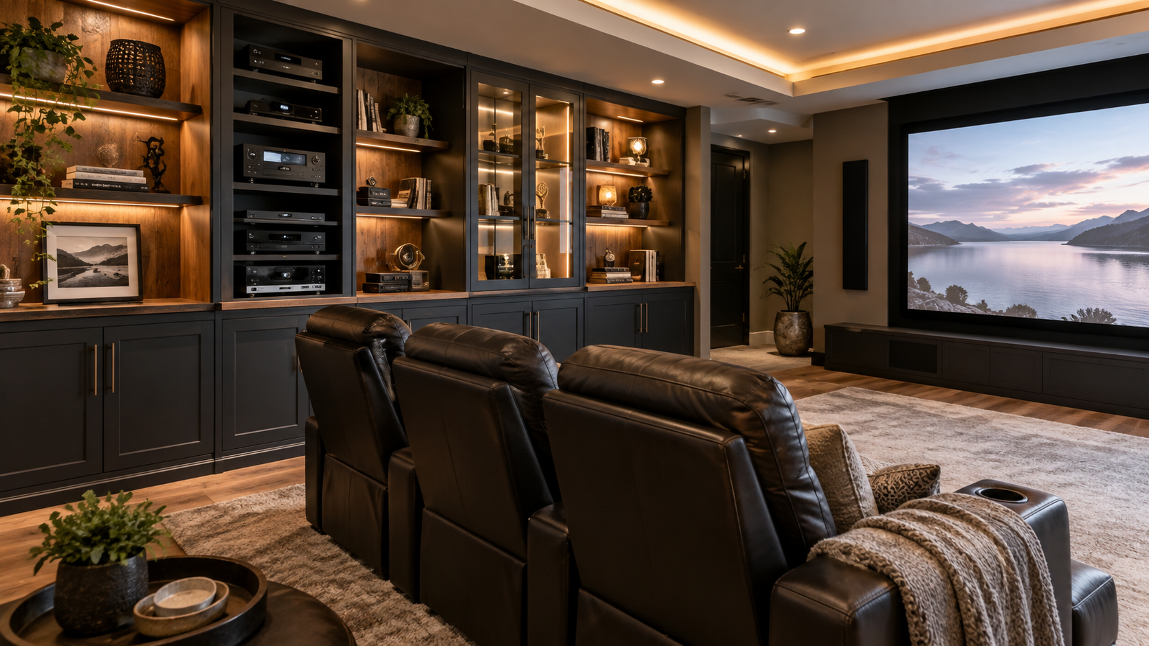 Modern home theater with built-in media storage cabinets, illuminated display shelves, organized AV equipment, and leather recliners facing the movie screen.