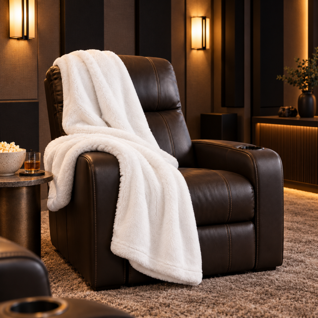 White plush UGG-style throw draped over a dark leather home theater recliner with warm wall sconces and soft theater lighting.