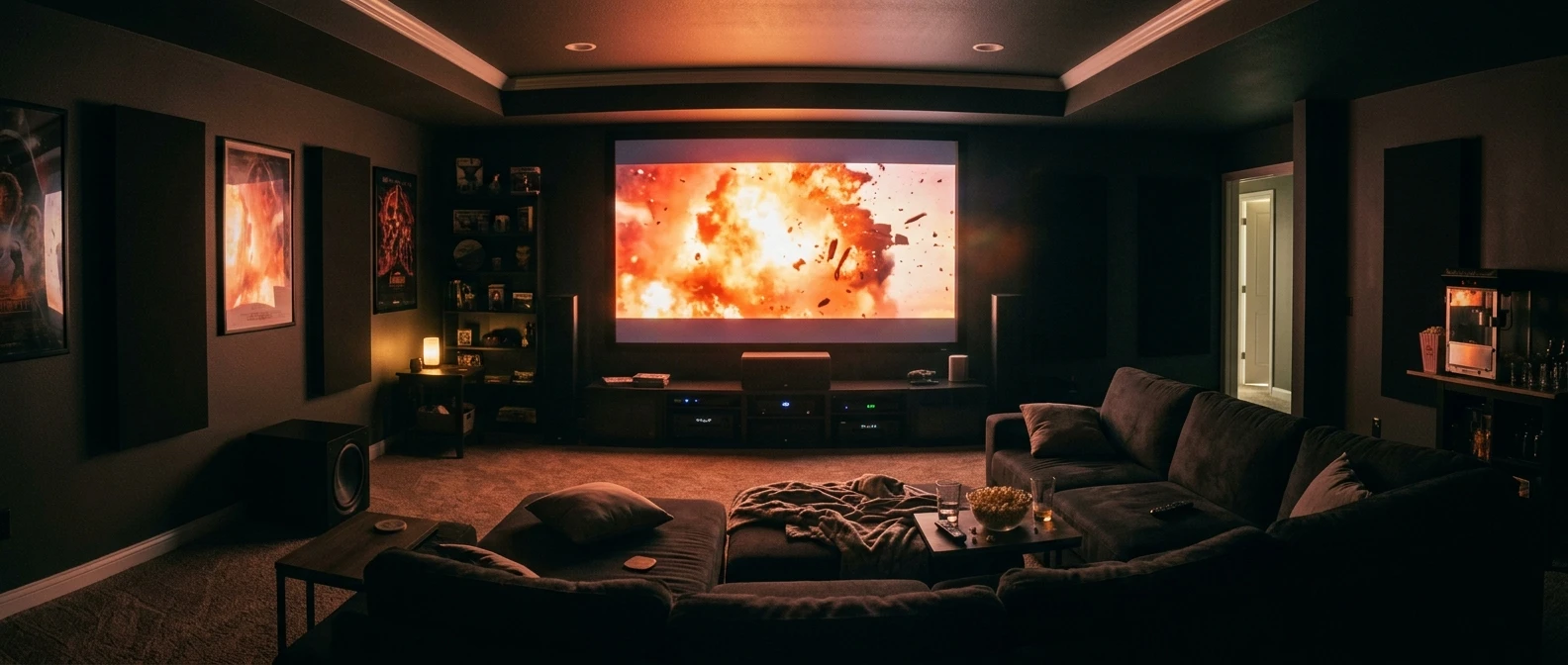 A dim home theater room mid-movie, screen glowing with an explosion scene, couch empty as if someone just stood up to walk the room and check the sound.