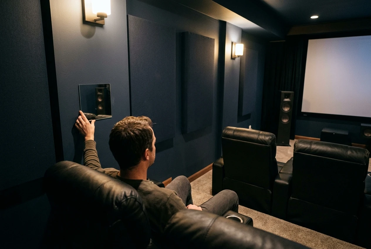 A person seated in a home theater chair holding a small mirror against the side wall at ear height, angled so the speaker across the room is visible in its reflection, marking a first reflection point.