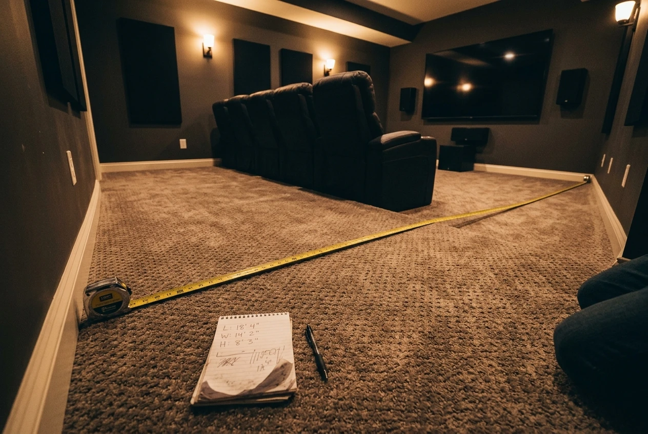 A tape measure stretched across a home theater room floor from one wall to the opposite wall, with a notepad nearby showing scribbled length, width, and height numbers.