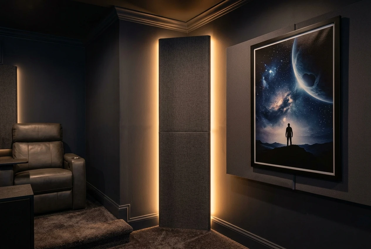 A finished home theater corner with a floor-to-ceiling bass trap and a flat acoustic panel on the adjacent side wall, both partially disguised behind a framed movie poster and warm ambient lighting.