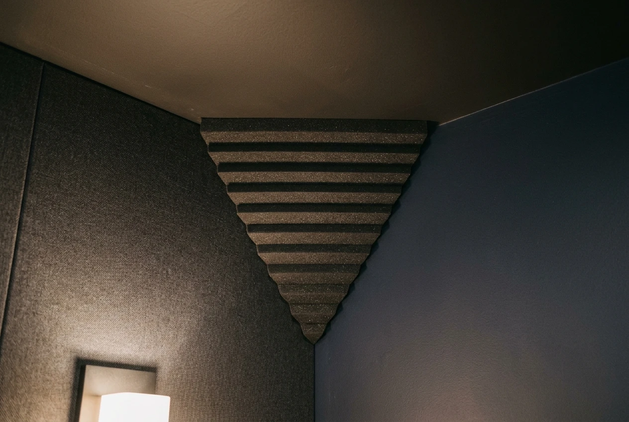A close view of a home theater corner where two walls and the ceiling meet, with a thick triangular foam bass trap wedged floor to ceiling into the corner, soft room lighting catching the foam's wedge texture.