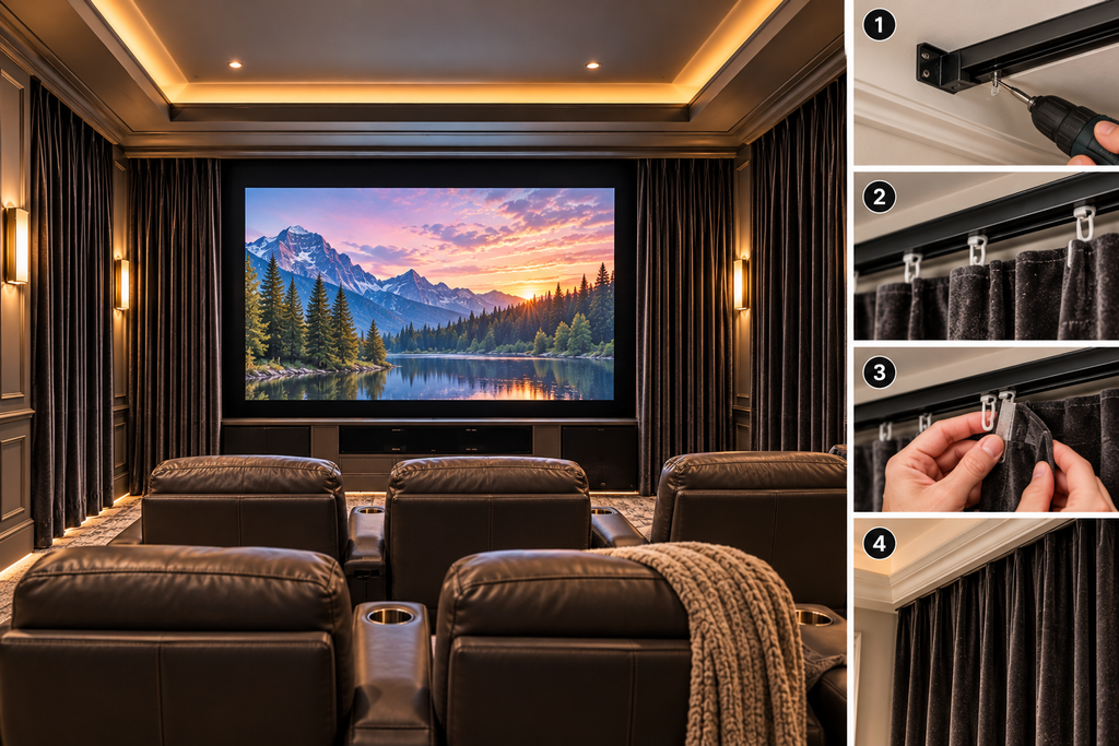Dark leather recliners facing a large movie screen beside floor-to-ceiling charcoal blackout curtains, with close-up details showing ceiling-mounted curtain brackets, hooks, and finished pleats.