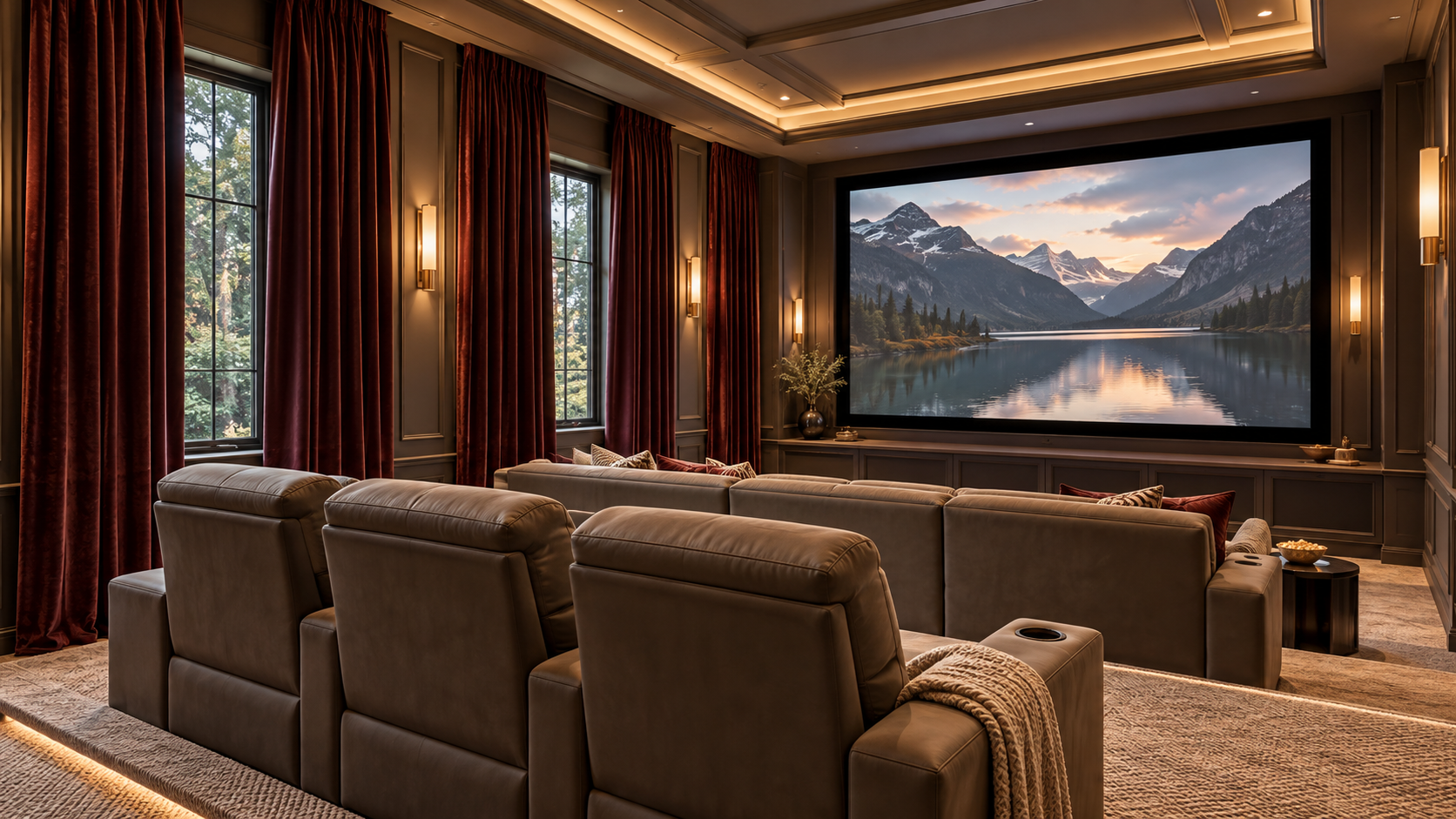 Luxury home theater featuring floor-to-ceiling burgundy velvet curtains, warm wall sconces, elegant wall paneling, and two rows of comfortable seating facing a large movie screen.
