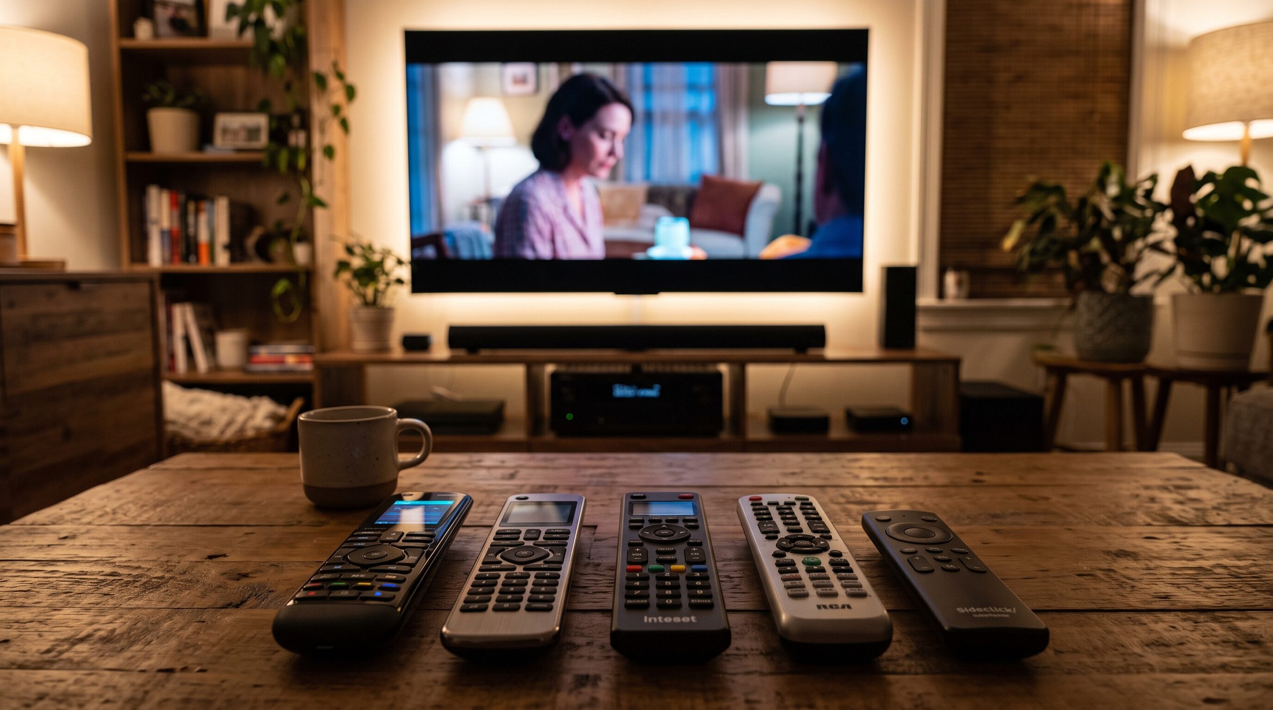 Universal remotes arranged on a coffee table in front of a warm, modern home theater setup with a TV and media console.