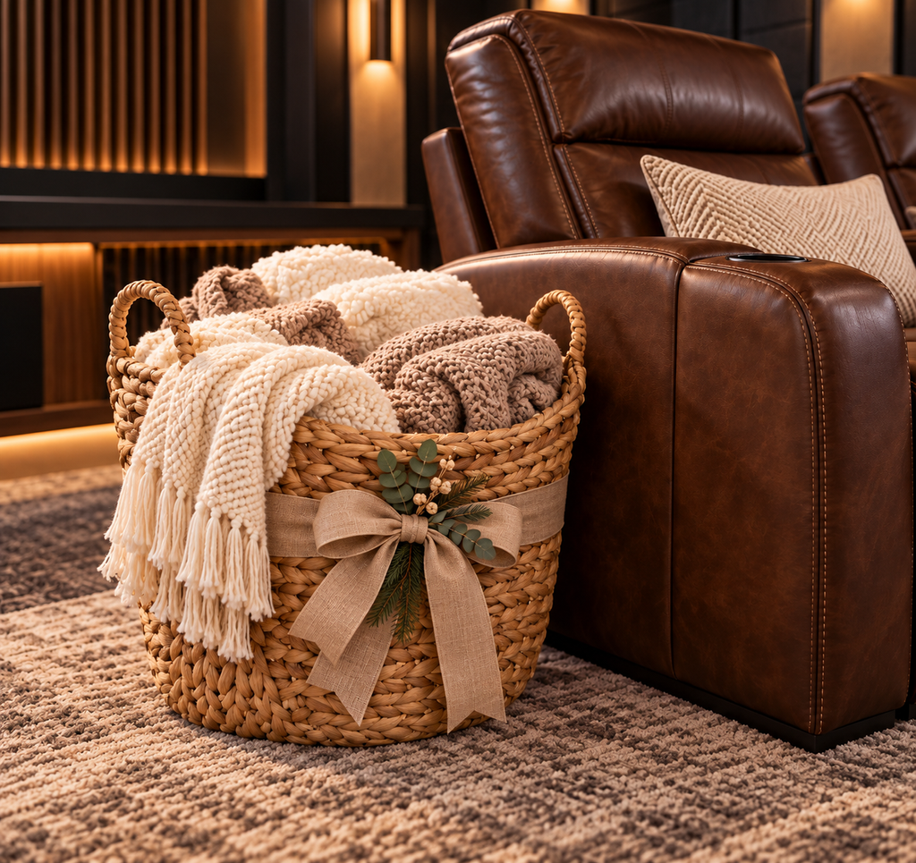 Woven water hyacinth basket filled with cream and taupe cozy throws, finished with a neutral ribbon beside a brown leather home theater recliner.