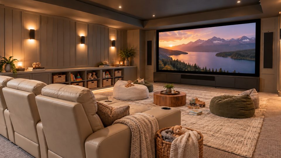 Cozy family-friendly home theater with cream recliners, bean bag chairs, warm wall lighting, a large movie screen, and organized toy storage.