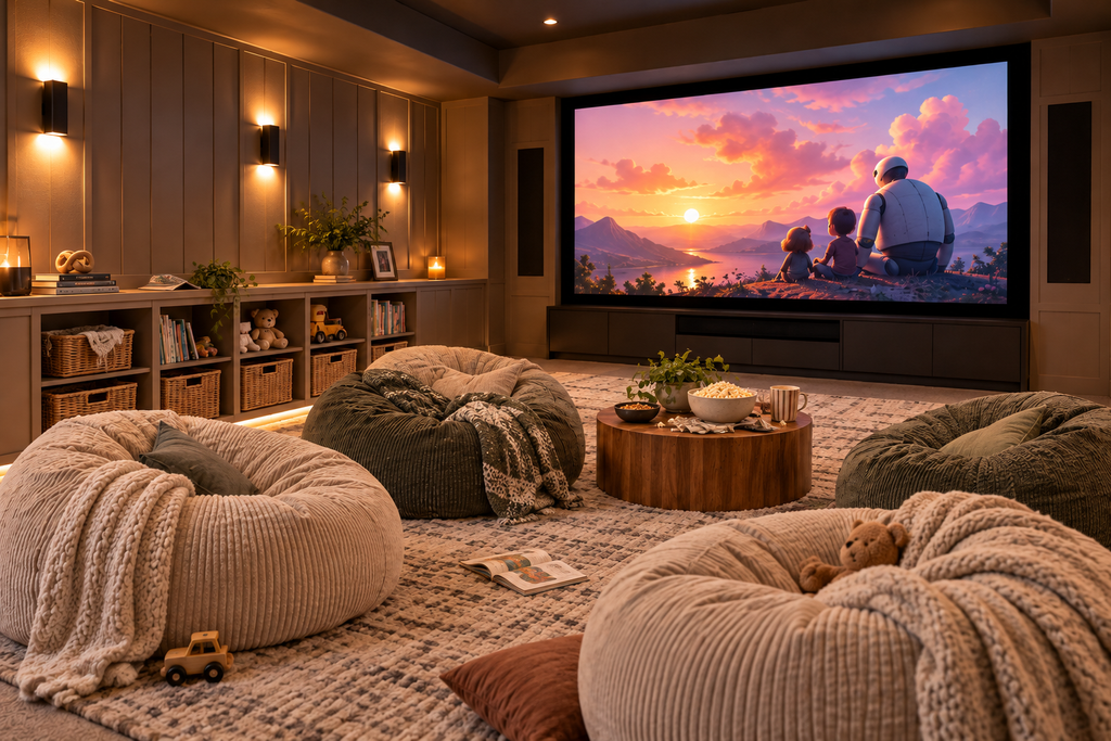 Family-friendly home theater with cream and green bean bag chairs, cozy blankets, soft wall lighting, children's toys, and a large movie screen.