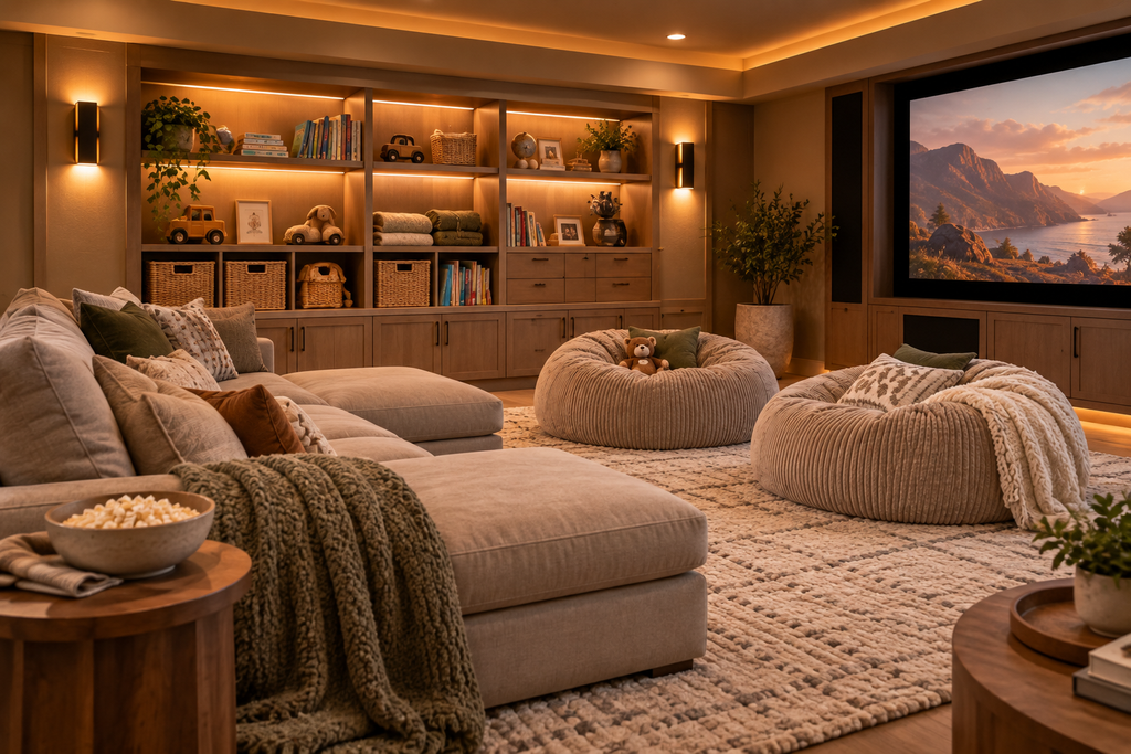 Cozy family home theater with a large textured area rug, cream sectional sofa, bean bag chairs, and built-in wooden shelves with woven toy baskets.