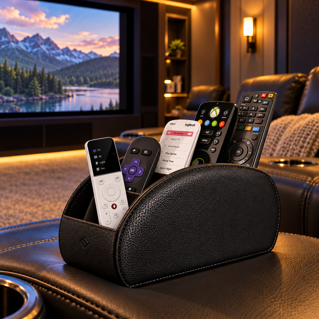 Black FINTIE remote control holder on a leather home theater seat, filled with several remotes including a SwitchBot universal remote, with recliners and a movie screen in the background.