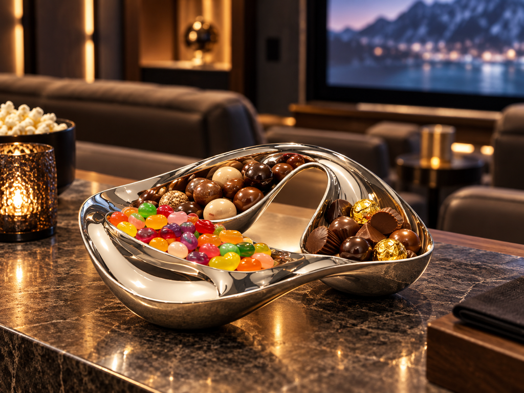 Georg Jensen Cobra triple snack bowl filled with jelly beans and assorted chocolates on a marble counter in a luxury home theater.