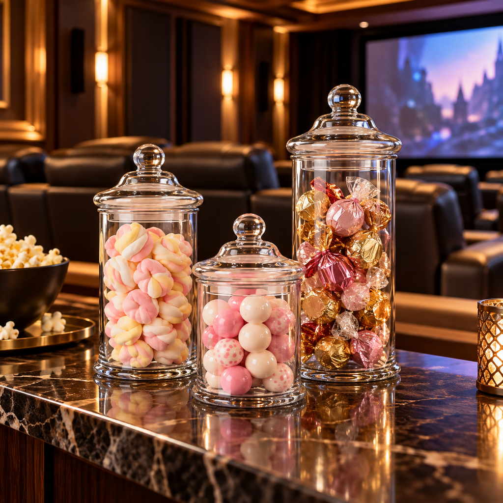 Three clear glass apothecary jars filled with candy on a snack counter in a luxury home theater with leather seating and warm lighting.