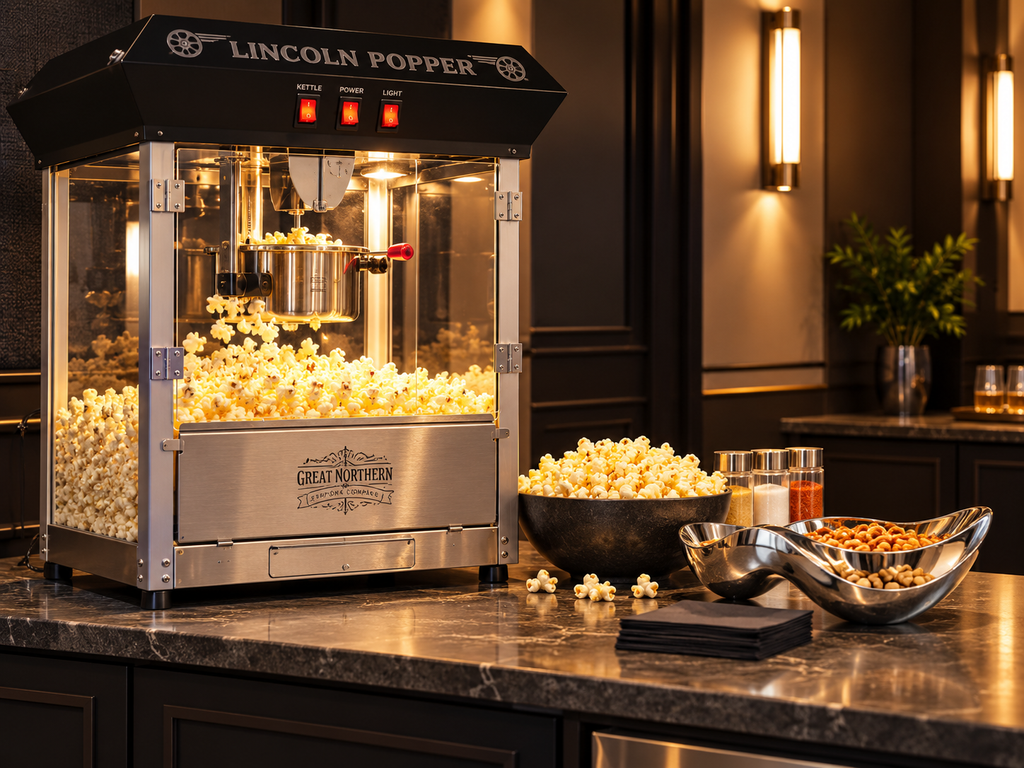 Great Northern black popcorn machine on a home theater snack counter with fresh popcorn, striped popcorn cups, and serving bowls in a warmly lit movie room.