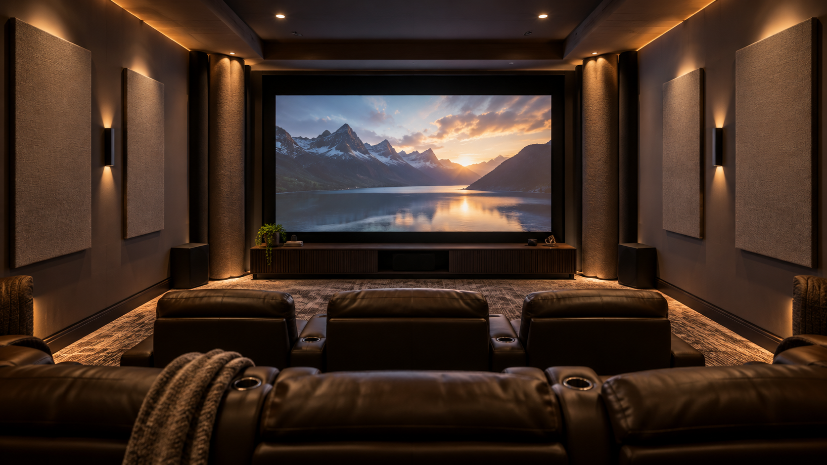 Home theater with acoustic panels on the walls and bass traps in the corners for improved sound quality