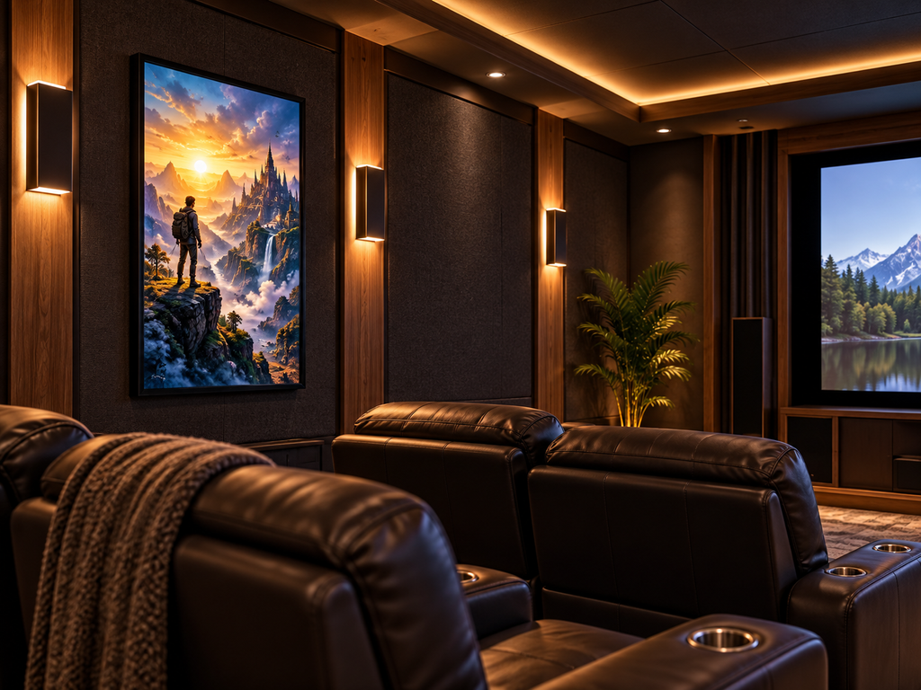 Slim illuminated movie poster frame with original fantasy artwork mounted on a side wall in a luxury home theater with leather recliners and warm accent lighting.