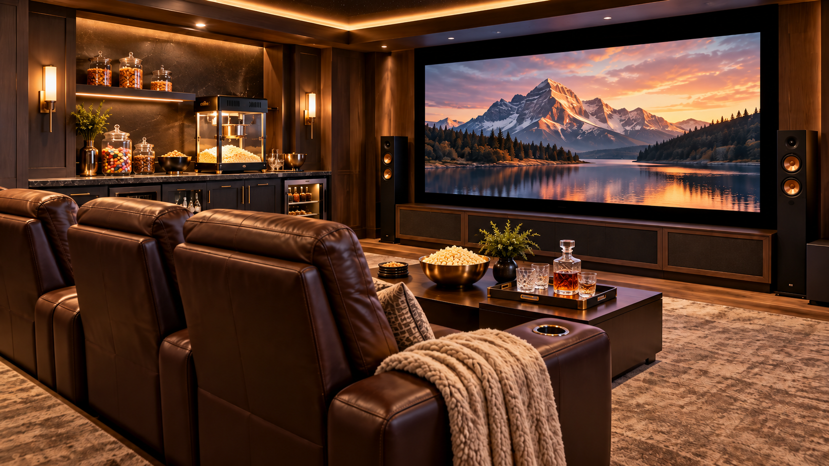 Luxury home theater with leather recliners, a soft throw blanket, popcorn machine, candy jars, bar cart, glassware, and an elegant popcorn bowl facing a large movie screen.