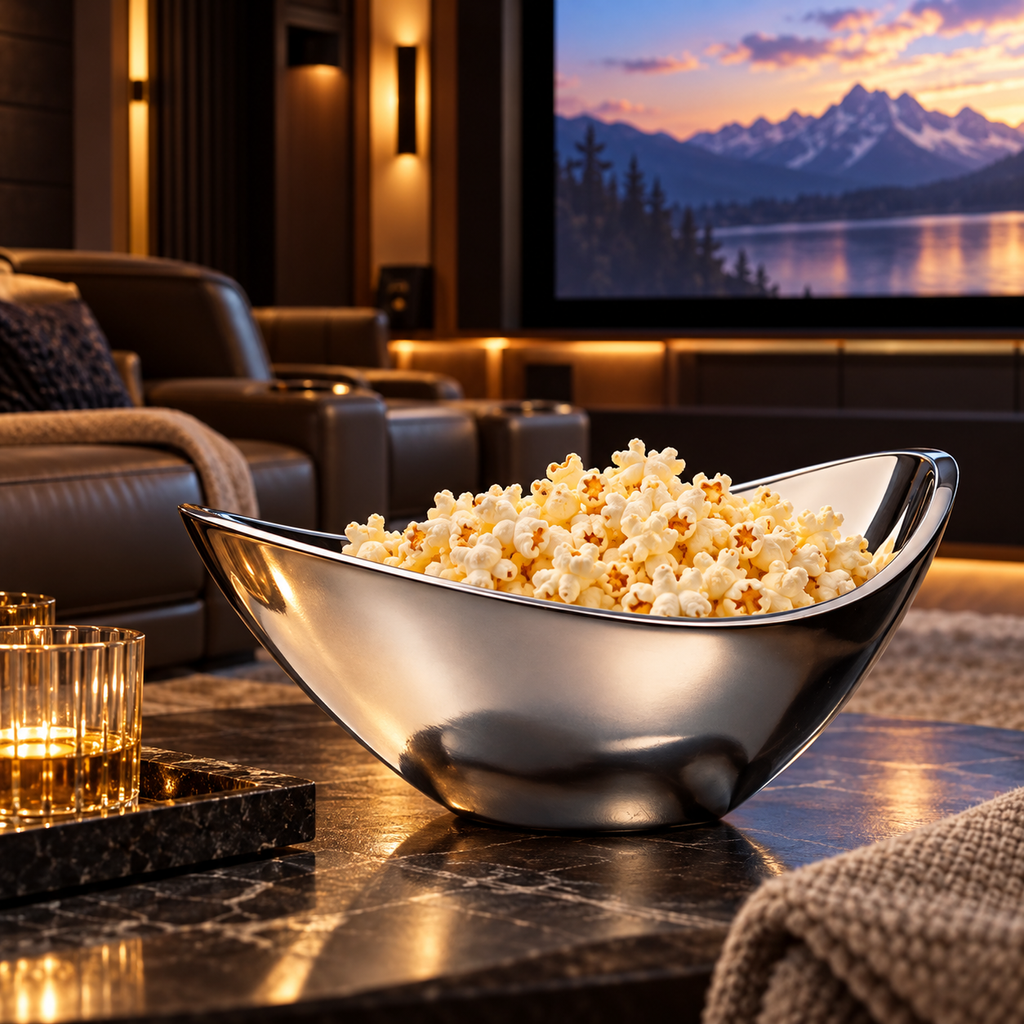 Nambé Butterfly Bowl filled with popcorn on a coffee table in a luxury home theater with leather recliners and a large movie screen.