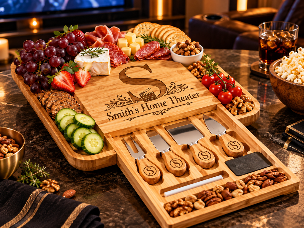 Personalized bamboo charcuterie board engraved with “Smith’s Home Theater,” filled with cheese, crackers, fruit, nuts, and meats in a luxury movie room.