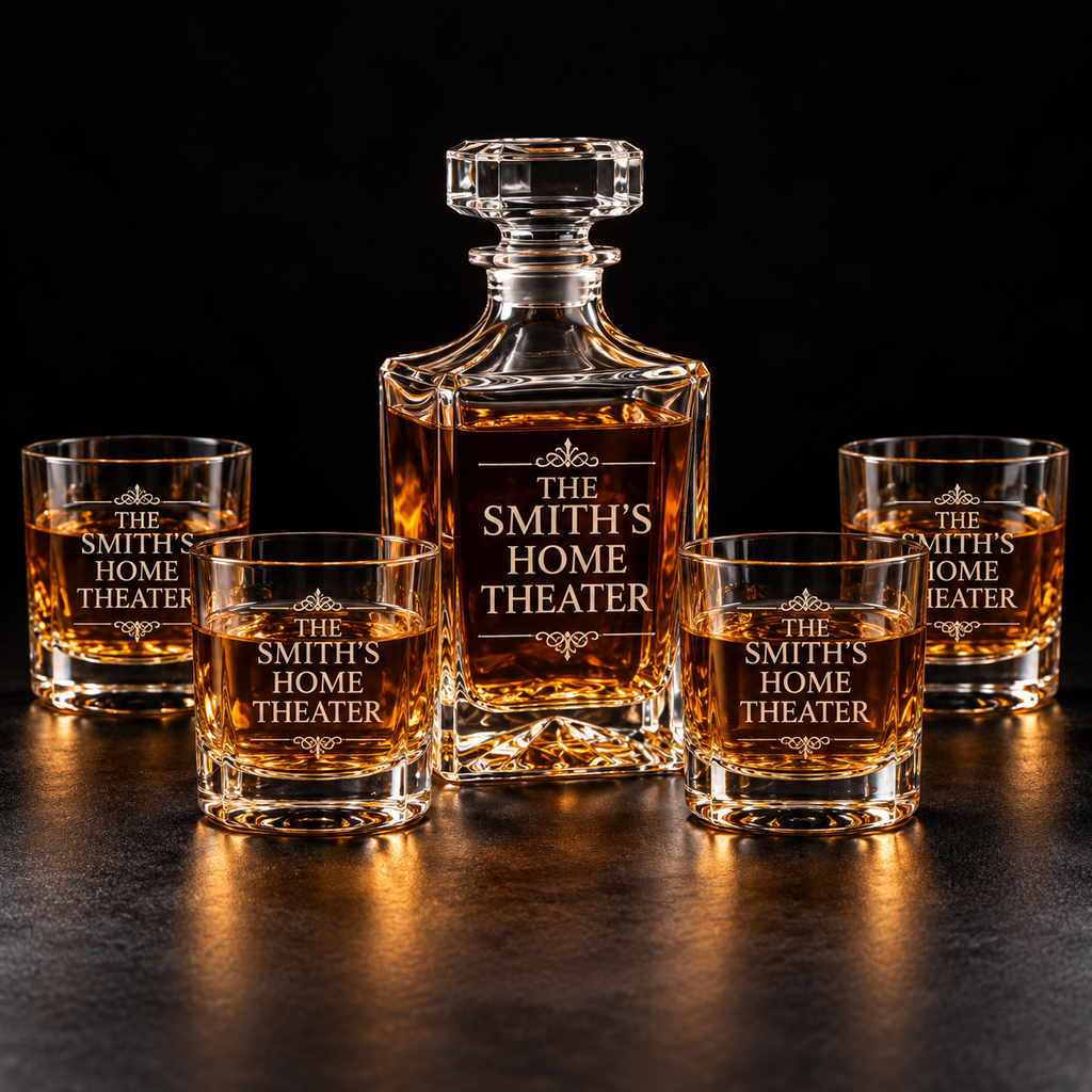 Personalized whiskey decanter and four matching glasses engraved with “The Smith’s Home Theater” on a dark tabletop.