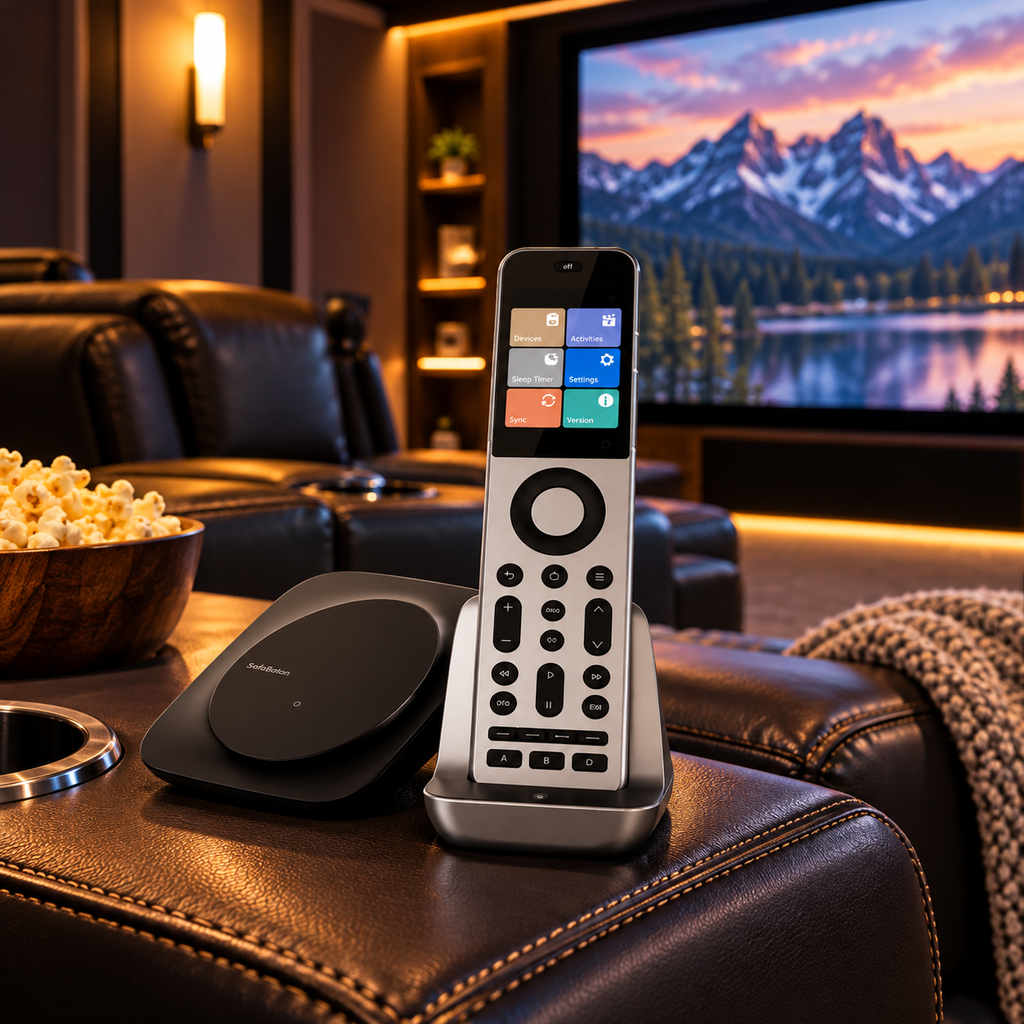 SofaBaton X2 universal remote standing in its charging dock beside the hub on a leather home theater armrest with recliners and a movie screen in the background.