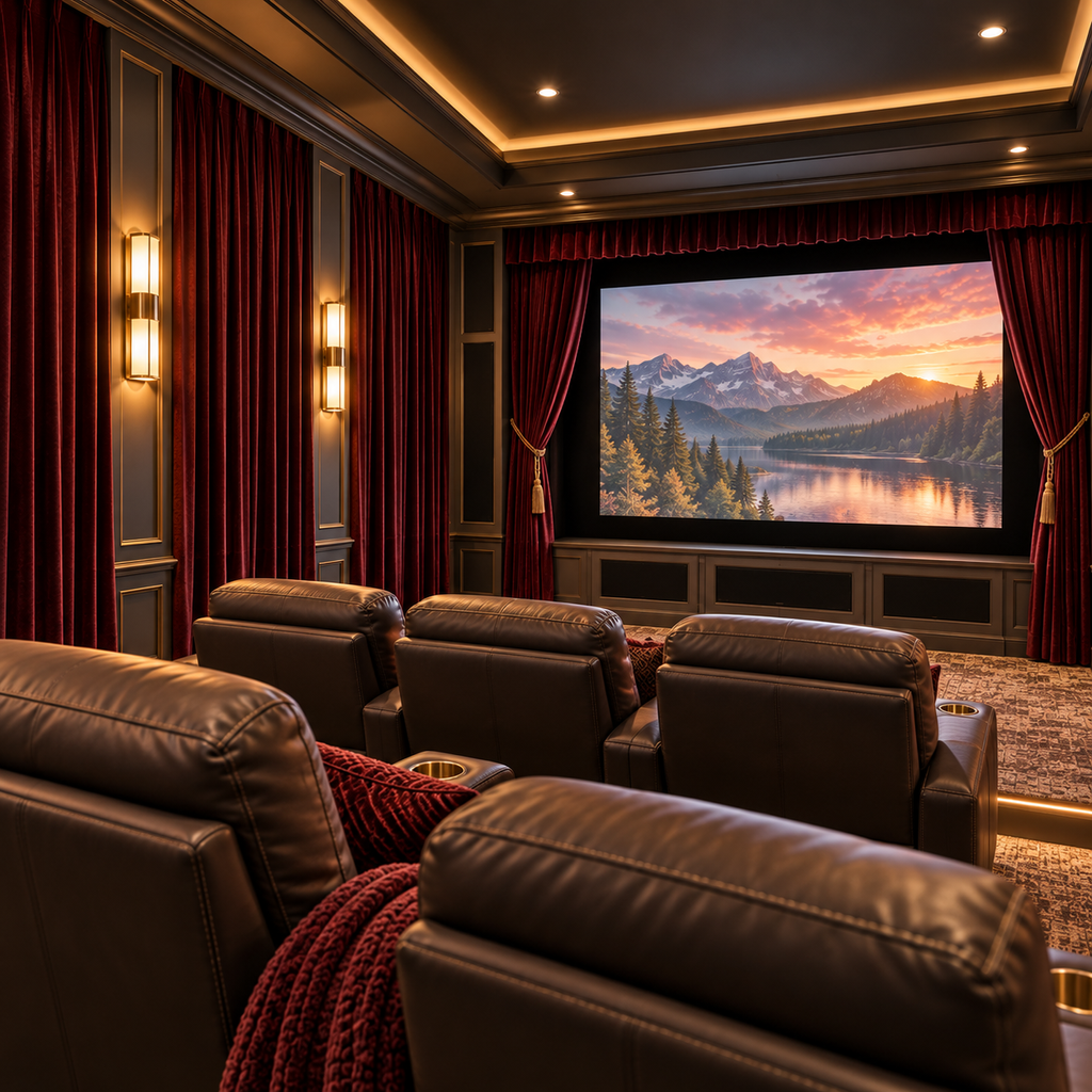 Elegant traditional home theater with floor-to-ceiling burgundy velvet curtains, matching drapes framing the movie screen, warm brass wall sconces, and rows of brown leather recliners facing the screen.