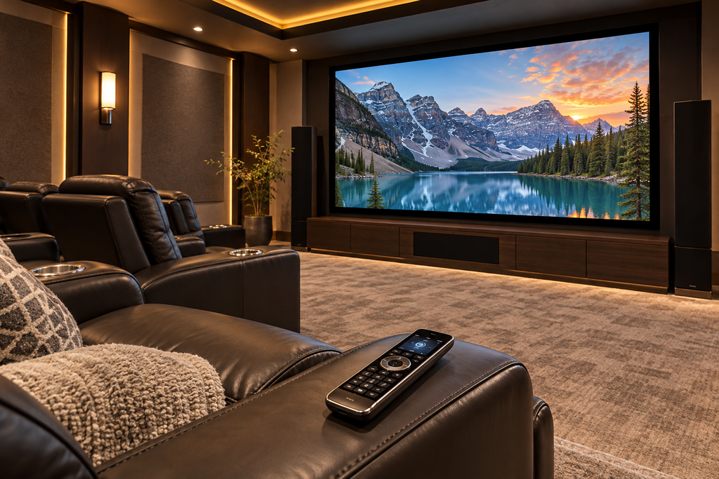 Universal remote resting on a leather home theater recliner with a large movie screen and surround speakers in the background.